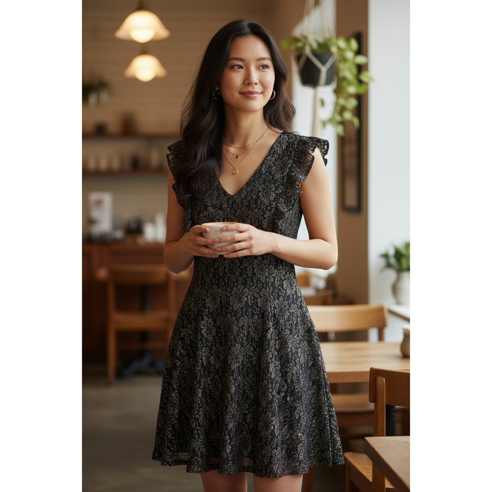 Tommy Hilfiger Dress Lace Metallic‎ Cocktail Party Black Gold  Ruffle Size 4 NWT